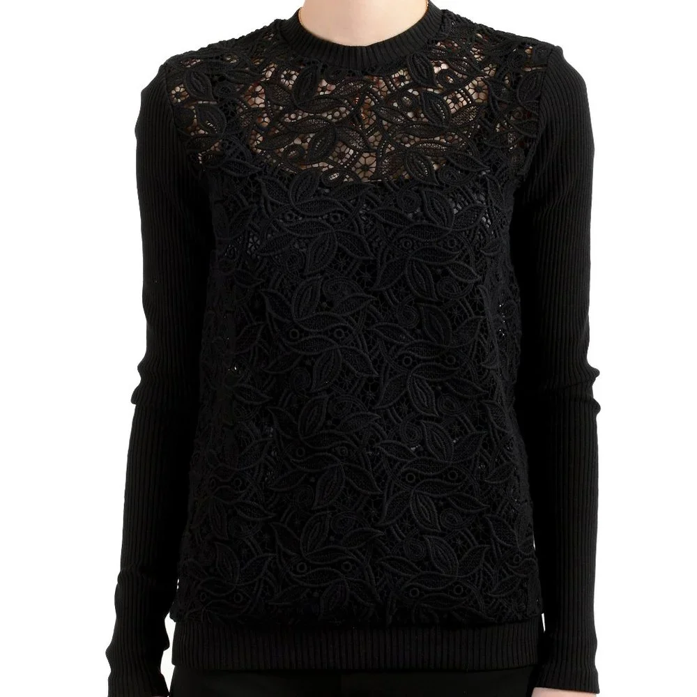 Versus by Versace Women's Black Floral Print Lace See Through Crewneck Sweater - Picture 1 of 7